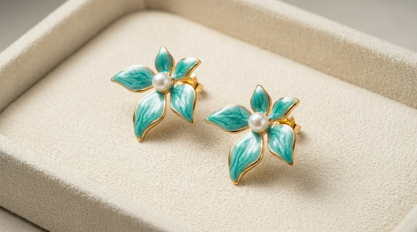 Teal Marbled Enamel Flower Stud Earrings with Pearl Centre – Gold Tone