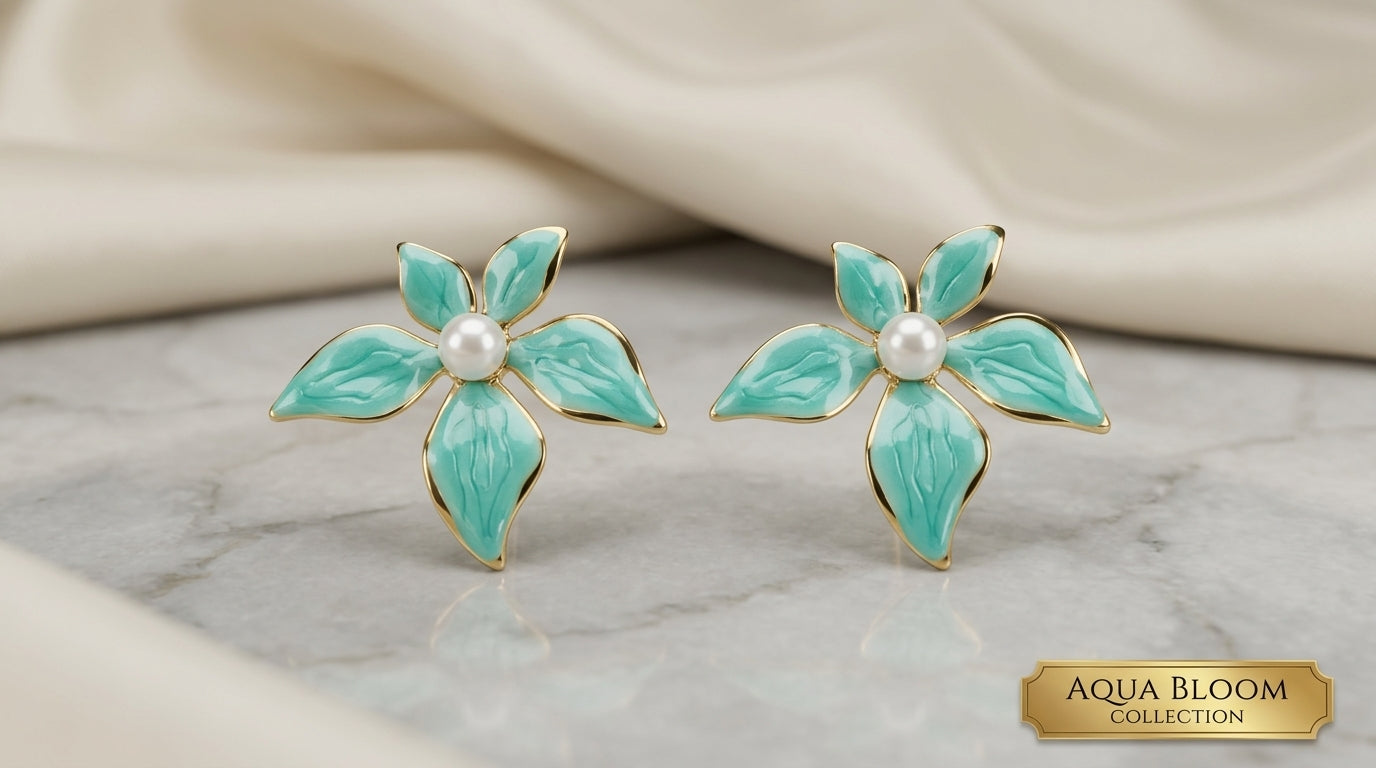 Teal Marbled Enamel Flower Stud Earrings with Pearl Centre – Gold Tone