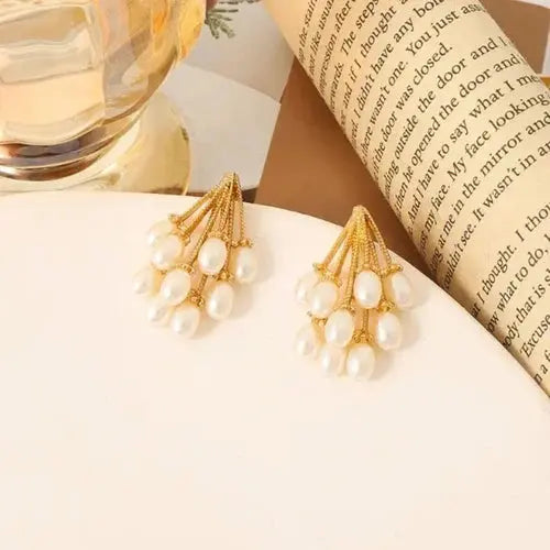Elegant Gold & Pearl Cluster Earrings SORI STYLE