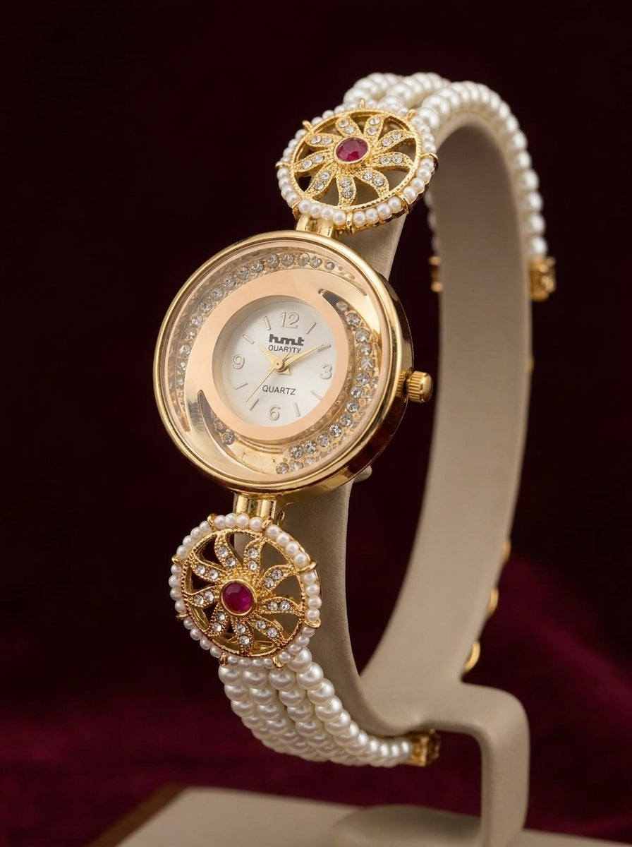 HMT Pearl & Ruby Floral Medallion Bracelet Watch