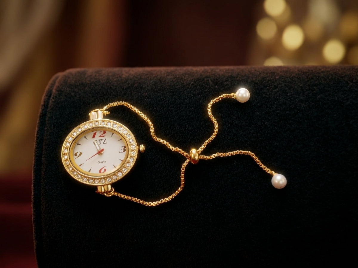 QTZ Oval Crystal Bezel Gold Chain Bracelet Watch with Pearl Drops