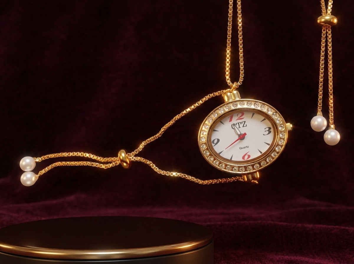 QTZ Oval Crystal Bezel Gold Chain Bracelet Watch with Pearl Drops