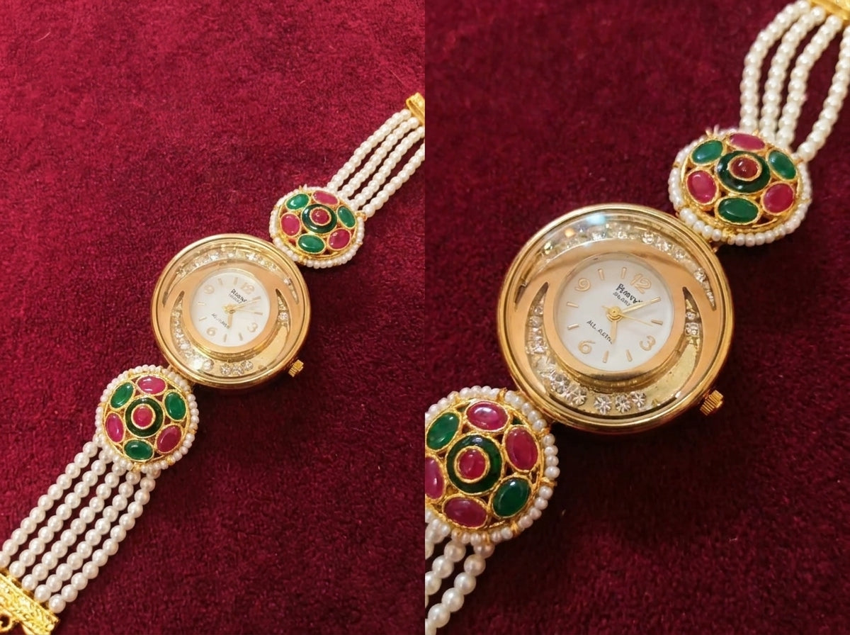 Bravo Ruby & Emerald Meenakari Pearl Strand Bracelet Watch