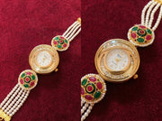 Bravo Ruby & Emerald Meenakari Pearl Strand Bracelet Watch