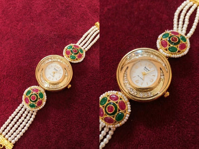 Bravo Ruby & Emerald Meenakari Pearl Strand Bracelet Watch