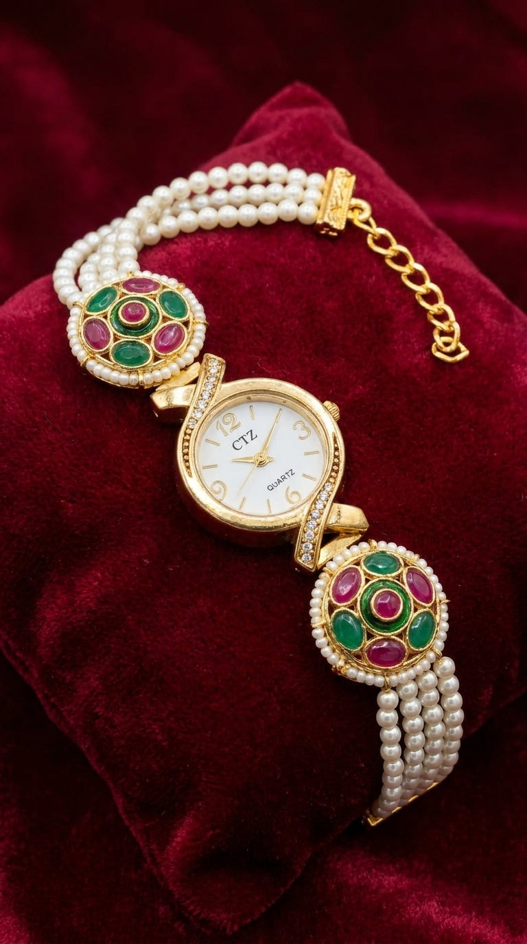 CTZ Ruby & Emerald Kundan Pearl Strand Bracelet Watch with Floral Medallions