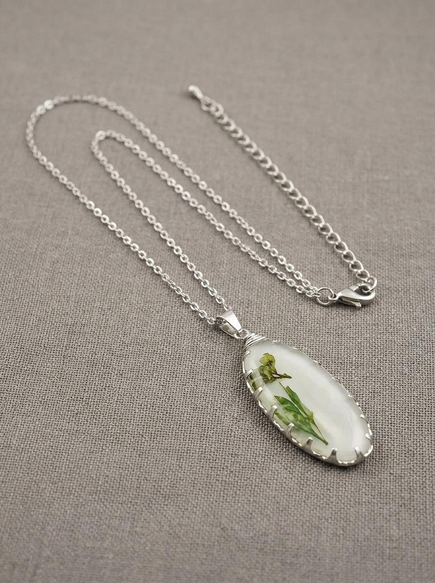 Green Herb Resin Oval Pendant Necklace – Silver Wire Wrap