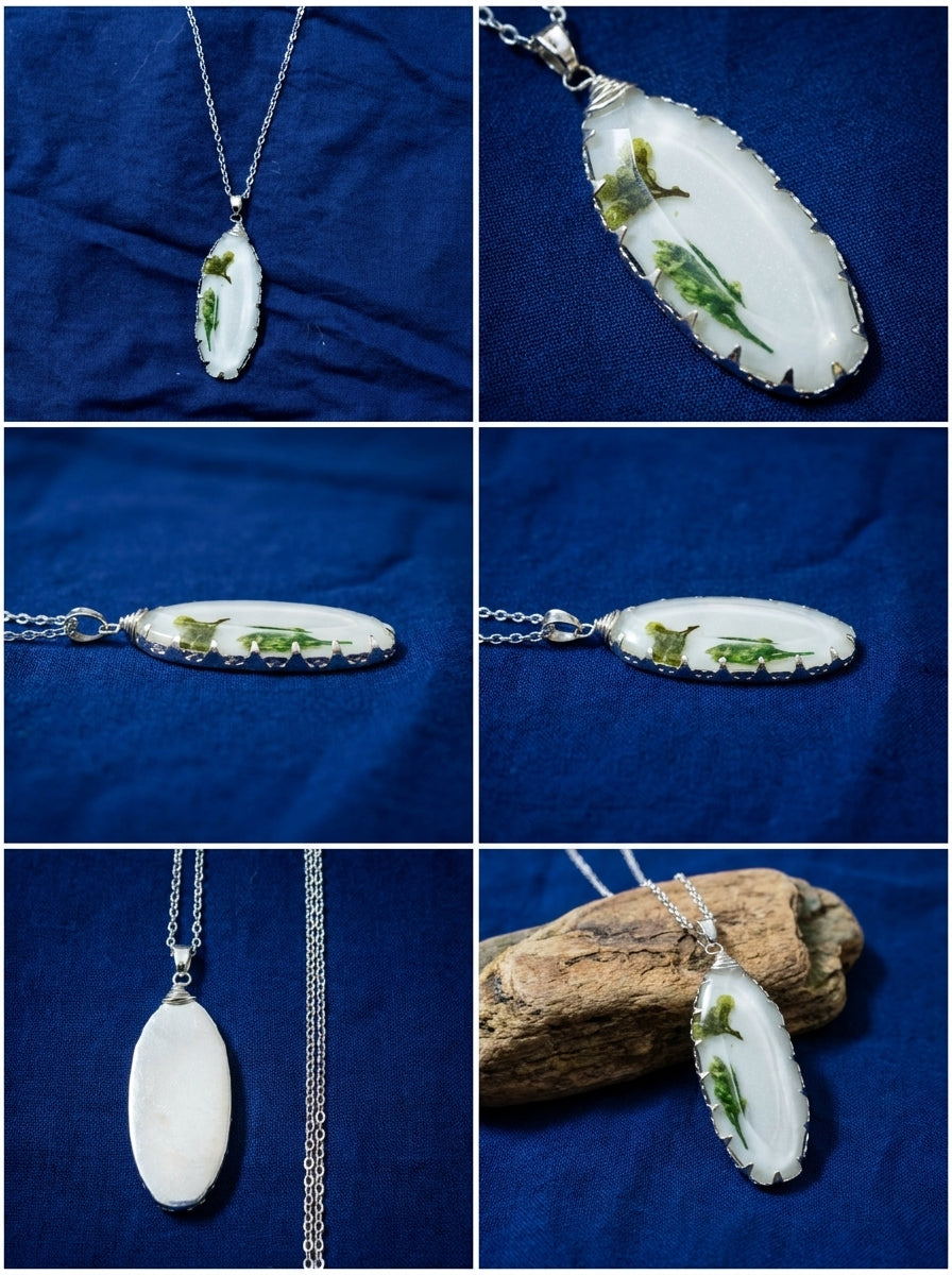 Green Herb Resin Oval Pendant Necklace – Silver Wire Wrap