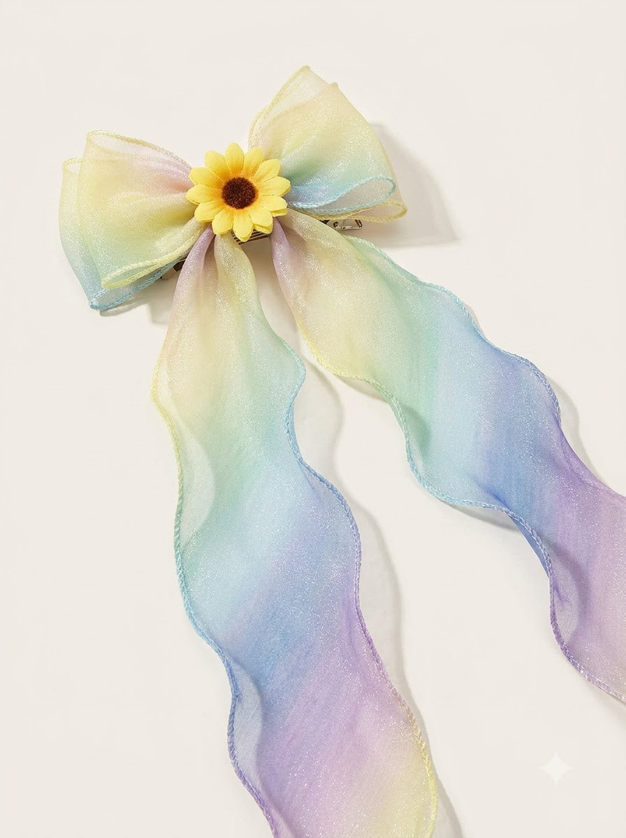 Pastel Rainbow Organza Bow Barrette with Sunflower