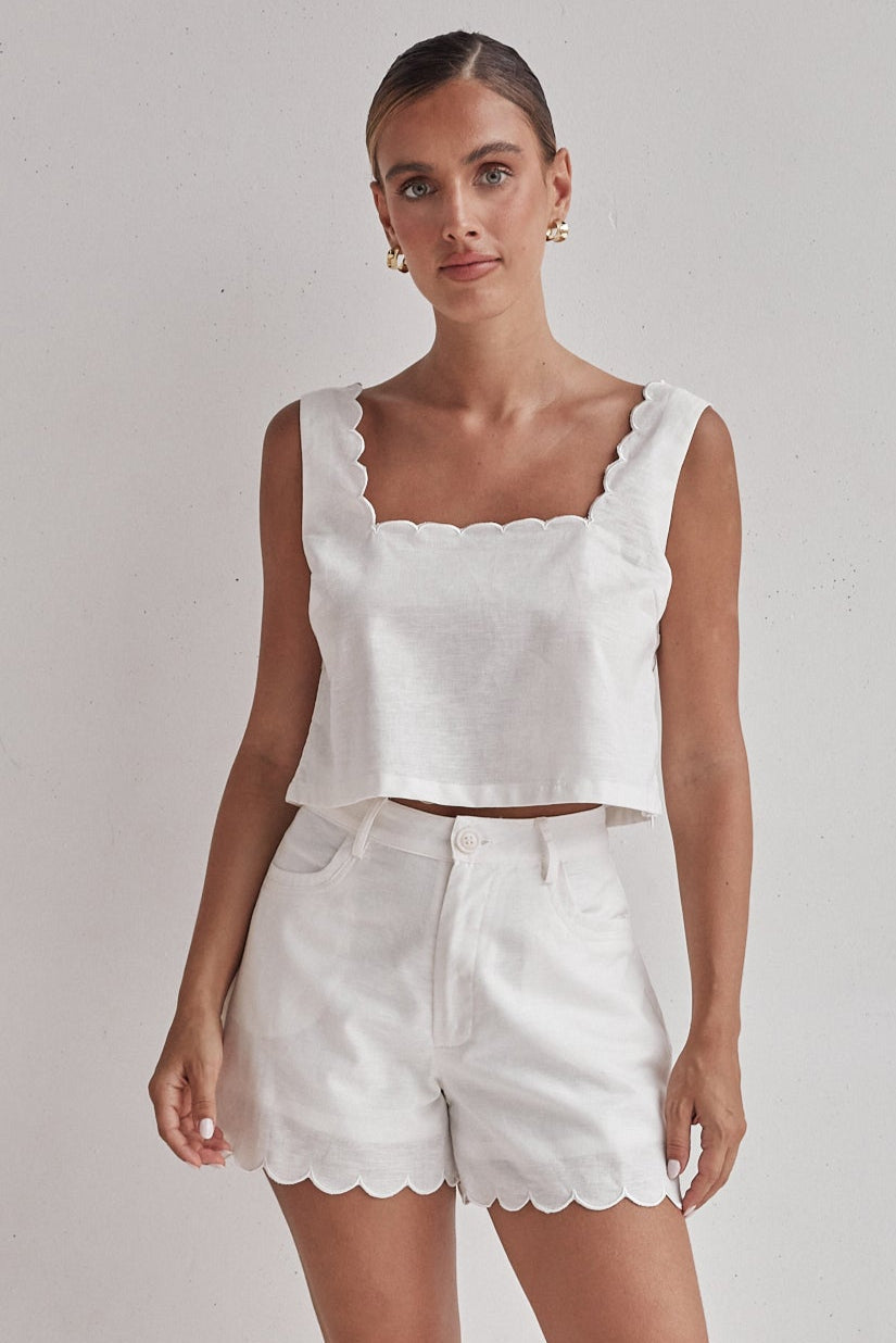 White Linen Shorts with Scalloped Hem – Lightweight & Chic-0