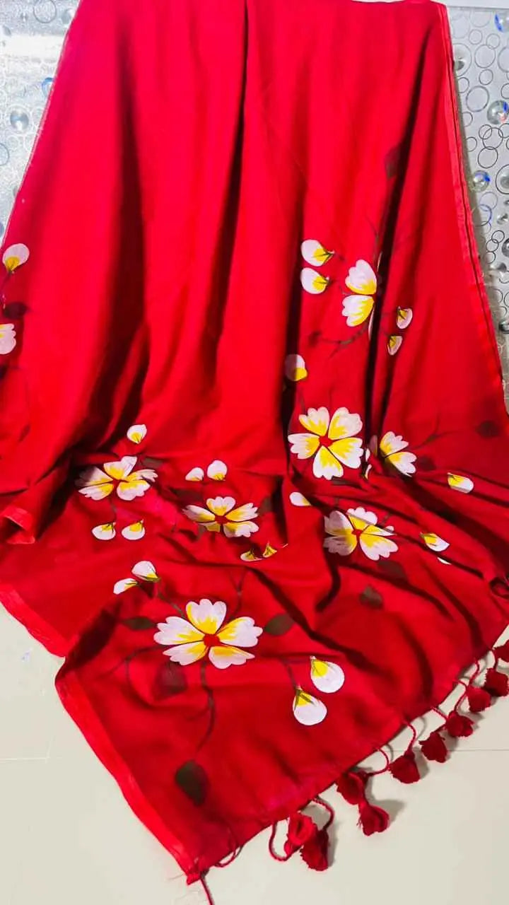 Scarlet Blossom Premium Mull Cotton Handprint Saree Khan
