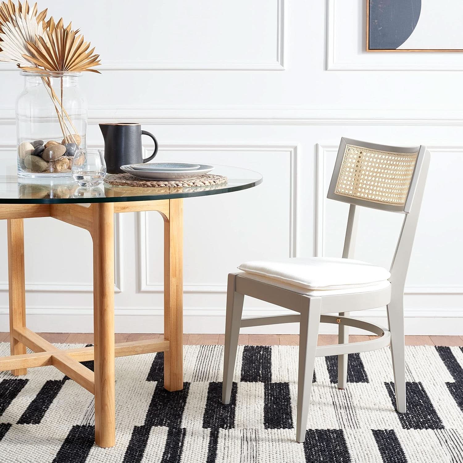 Coastal Grey Cane Seat Cushion Dining Chair For Kitchen-1