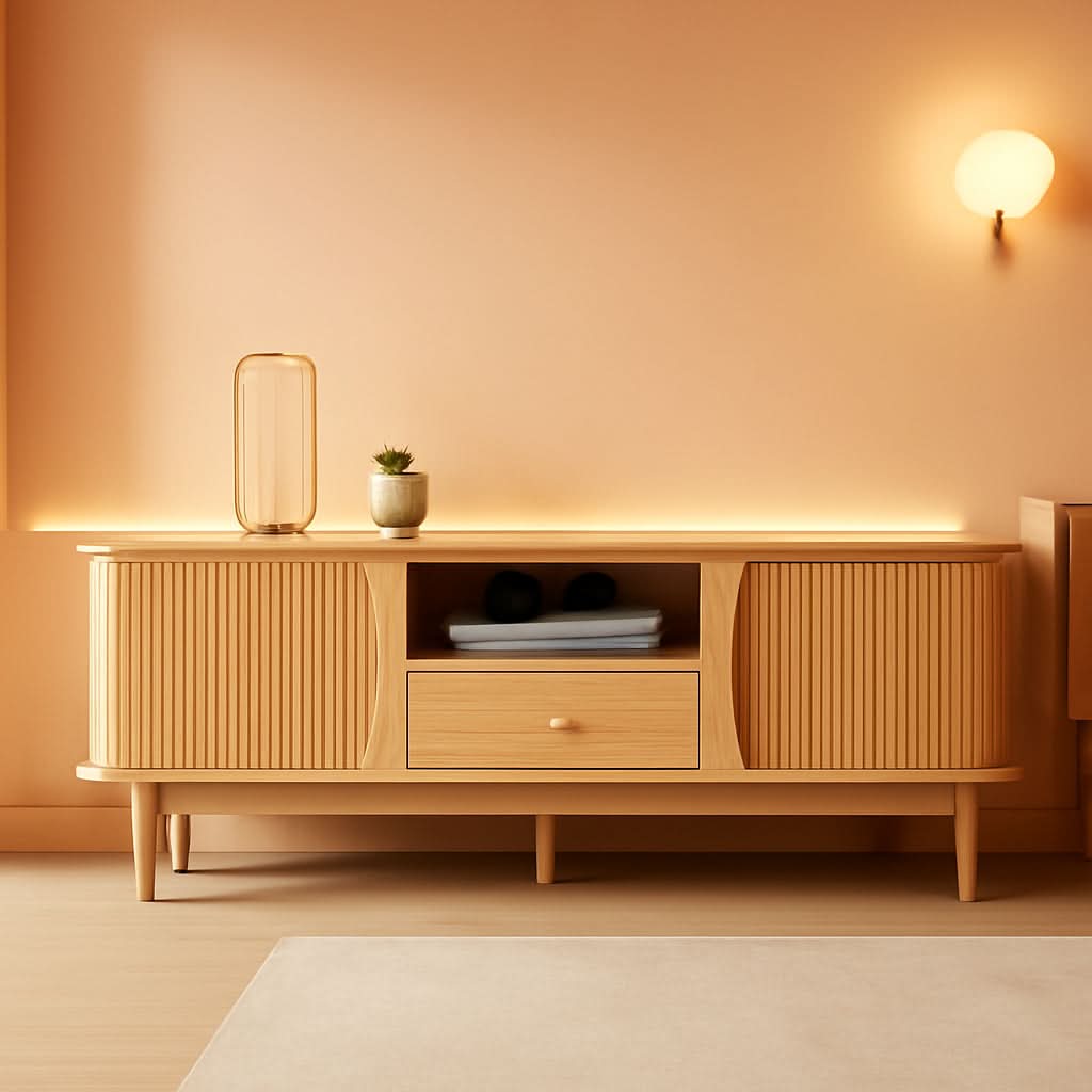 Natural Finish Entertainment Console With Sliding Door-0