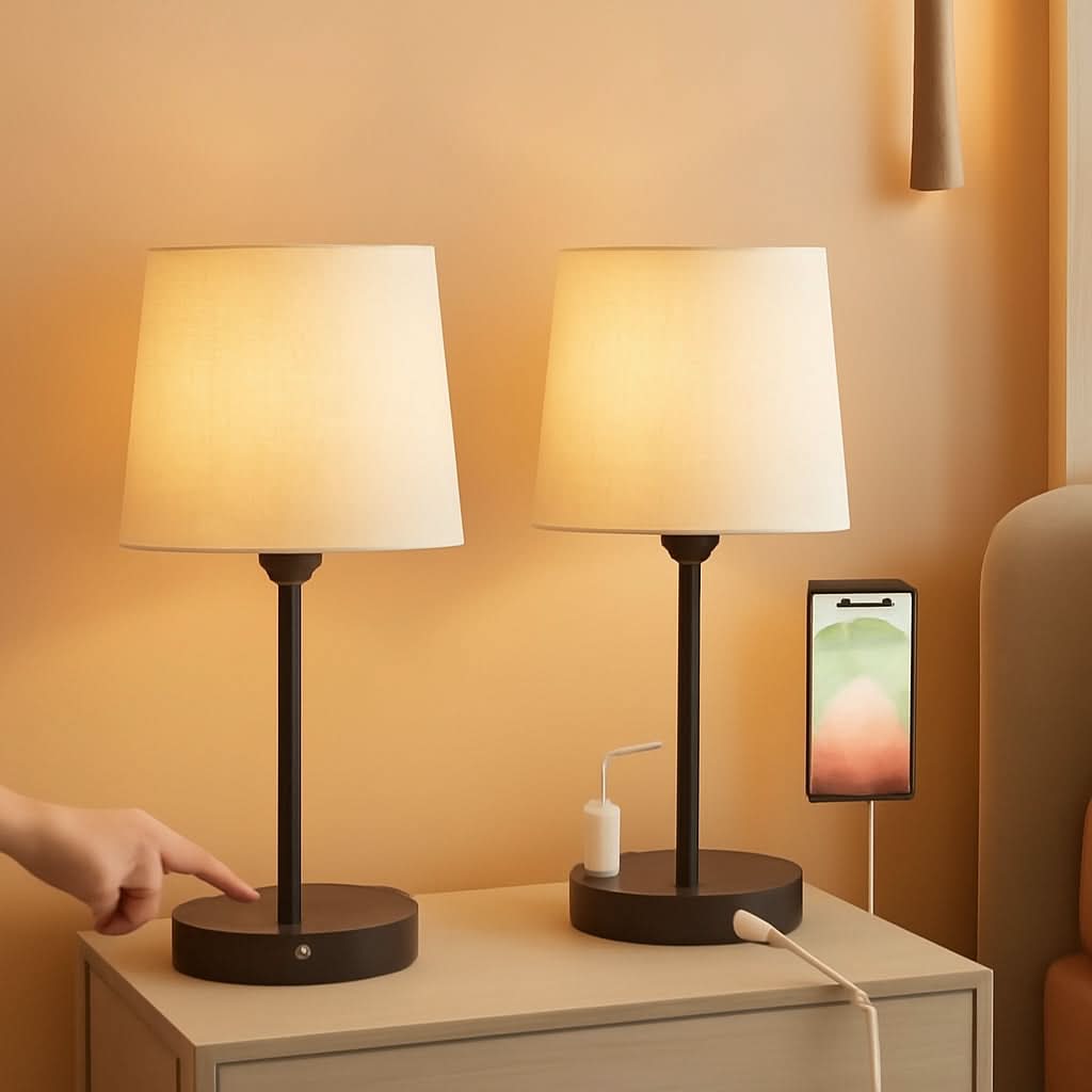 Set of 2 Mini Bedside Lamps With USB C And AC Outlets-0