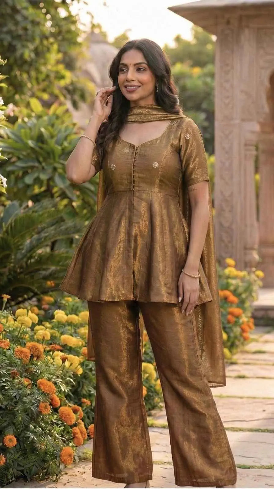 Bronze Glow Cosmos Tissue Peplum Co-Ord Set Ganpati