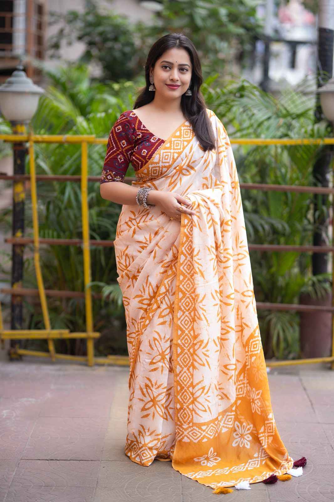 Anandi Hand Batik Chanderi Cotton Saree with Ajrakh Blouse Ganpati
