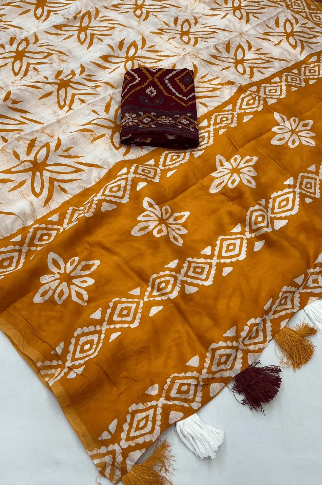 Anandi Hand Batik Chanderi Cotton Saree with Ajrakh Blouse Ganpati