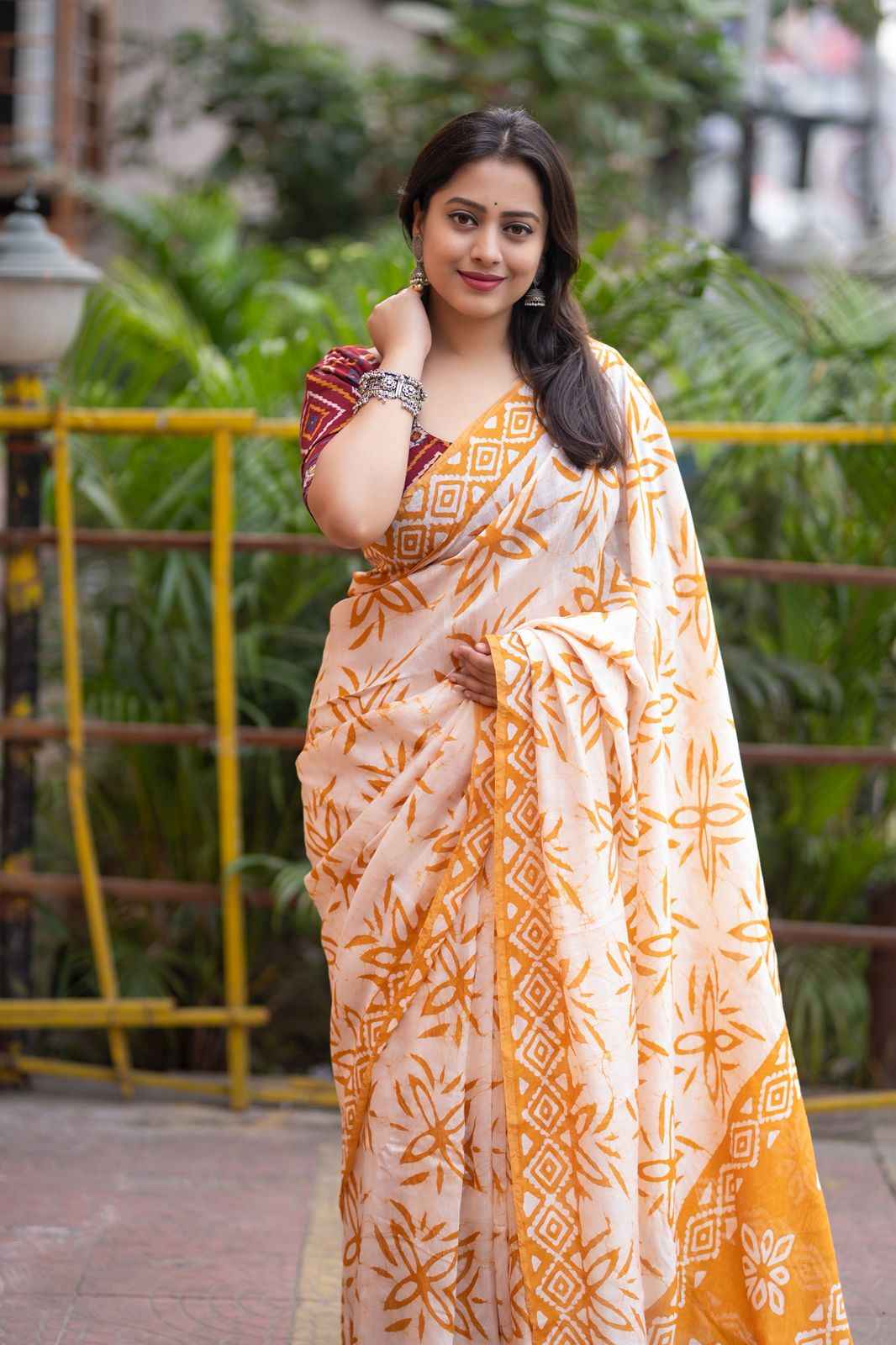 Anandi Hand Batik Chanderi Cotton Saree with Ajrakh Blouse Ganpati