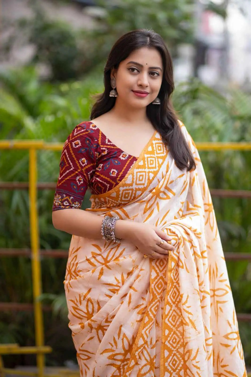 Anandi Hand Batik Chanderi Cotton Saree with Ajrakh Blouse Ganpati