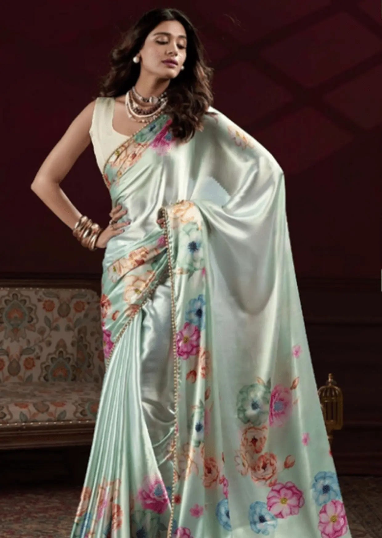 Anaya Mint Blossom Satin Silk Saree Yooneck