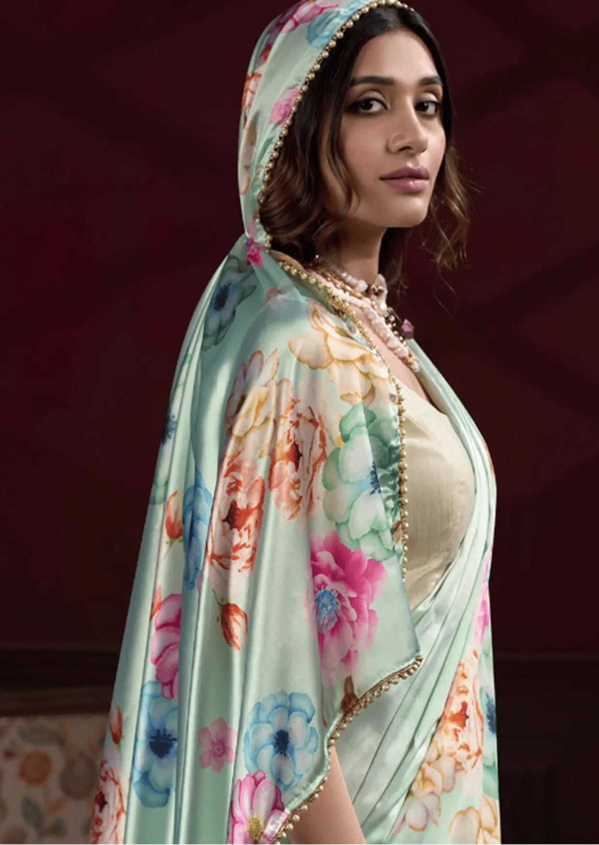 Anaya Mint Blossom Satin Silk Saree Yooneck