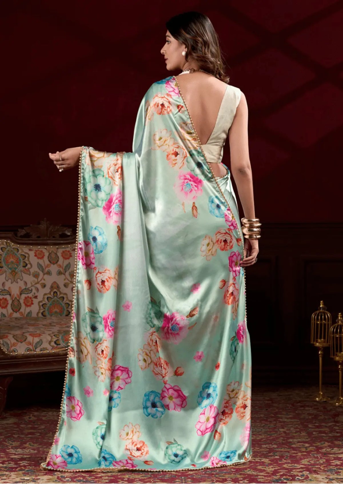 Anaya Mint Blossom Satin Silk Saree Yooneck