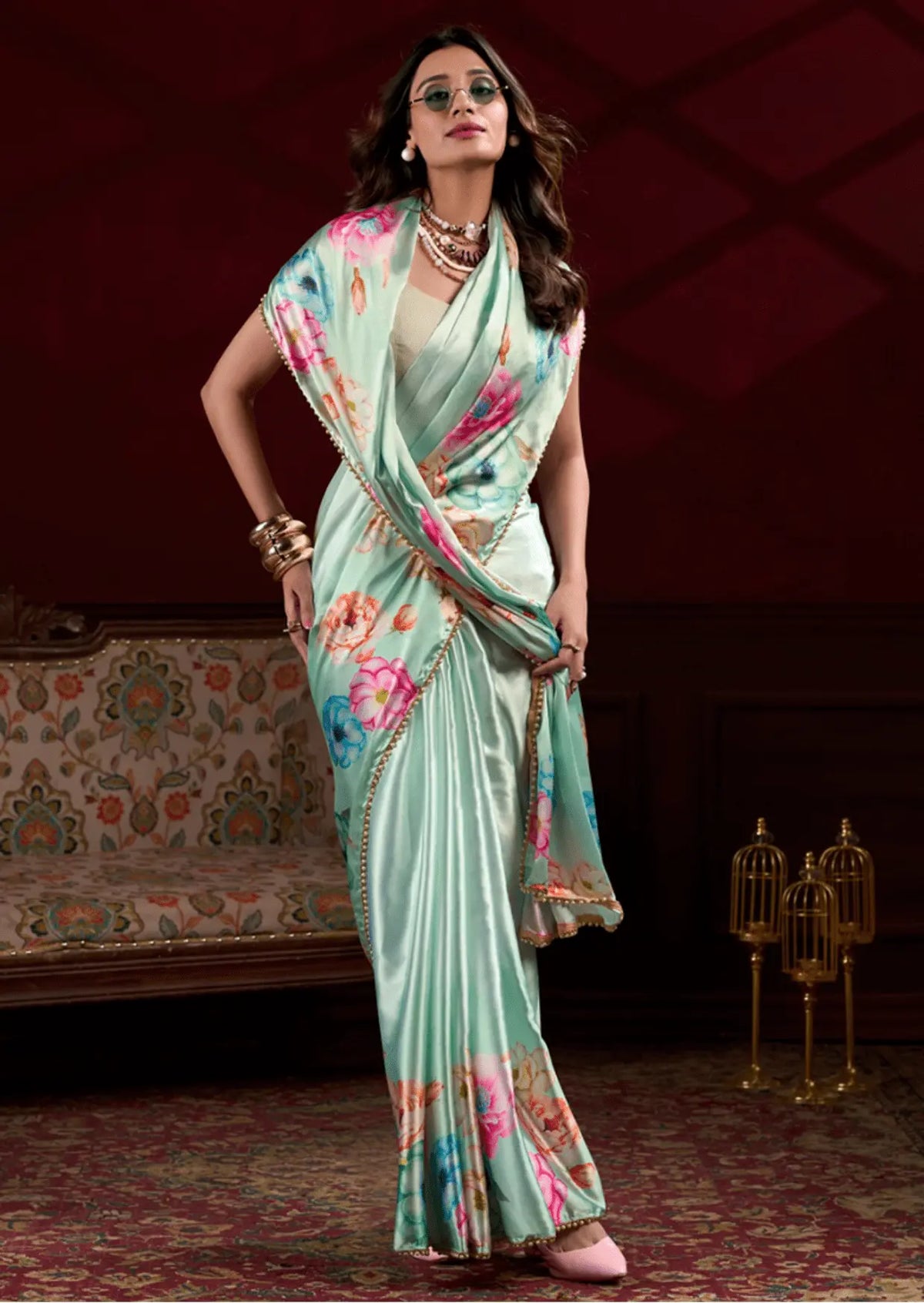 Anaya Mint Blossom Satin Silk Saree Yooneck