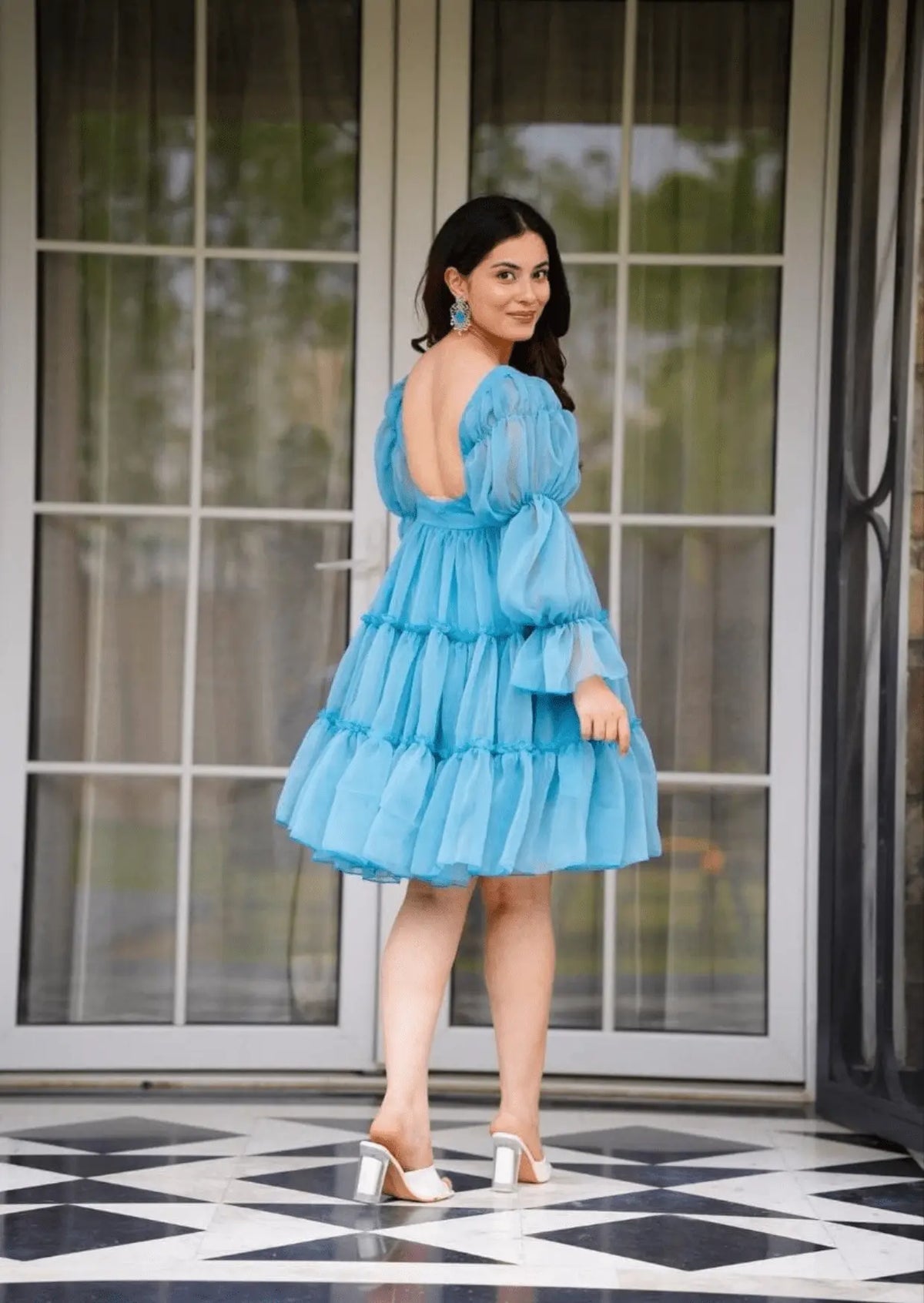 Aqua Charm Ruffled Short Dress Yooneck