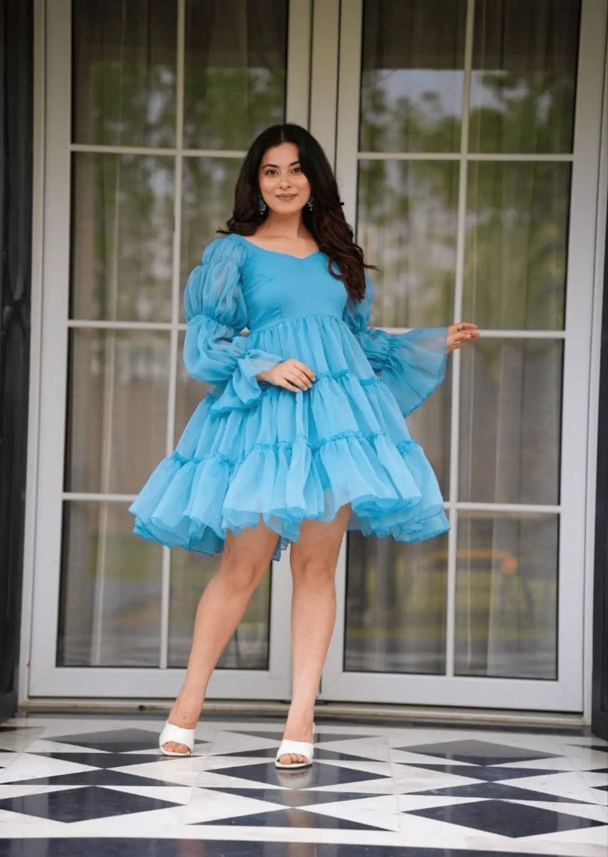 Aqua Charm Ruffled Short Dress Yooneck
