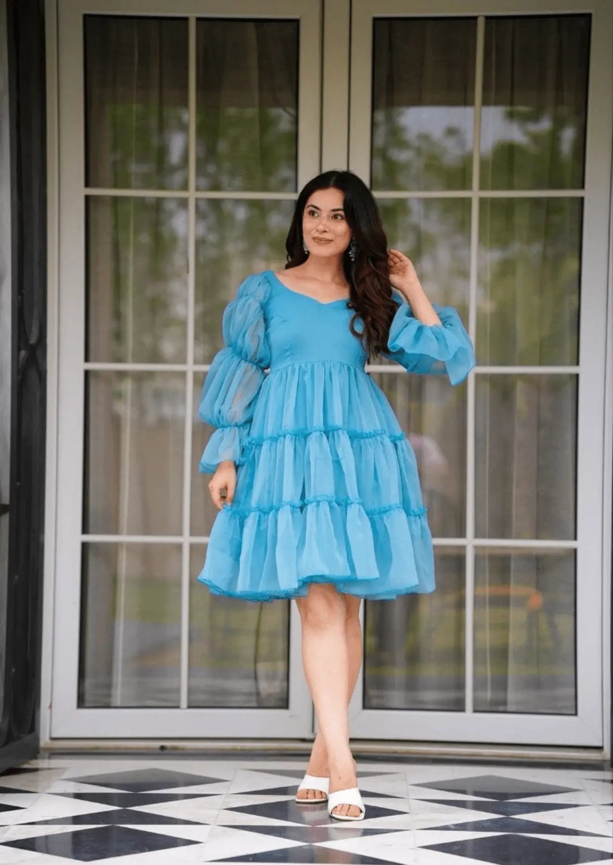 Aqua Charm Ruffled Short Dress Yooneck