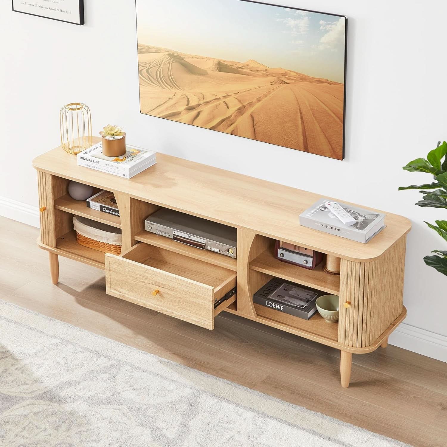 Natural Finish Entertainment Console With Sliding Door-4