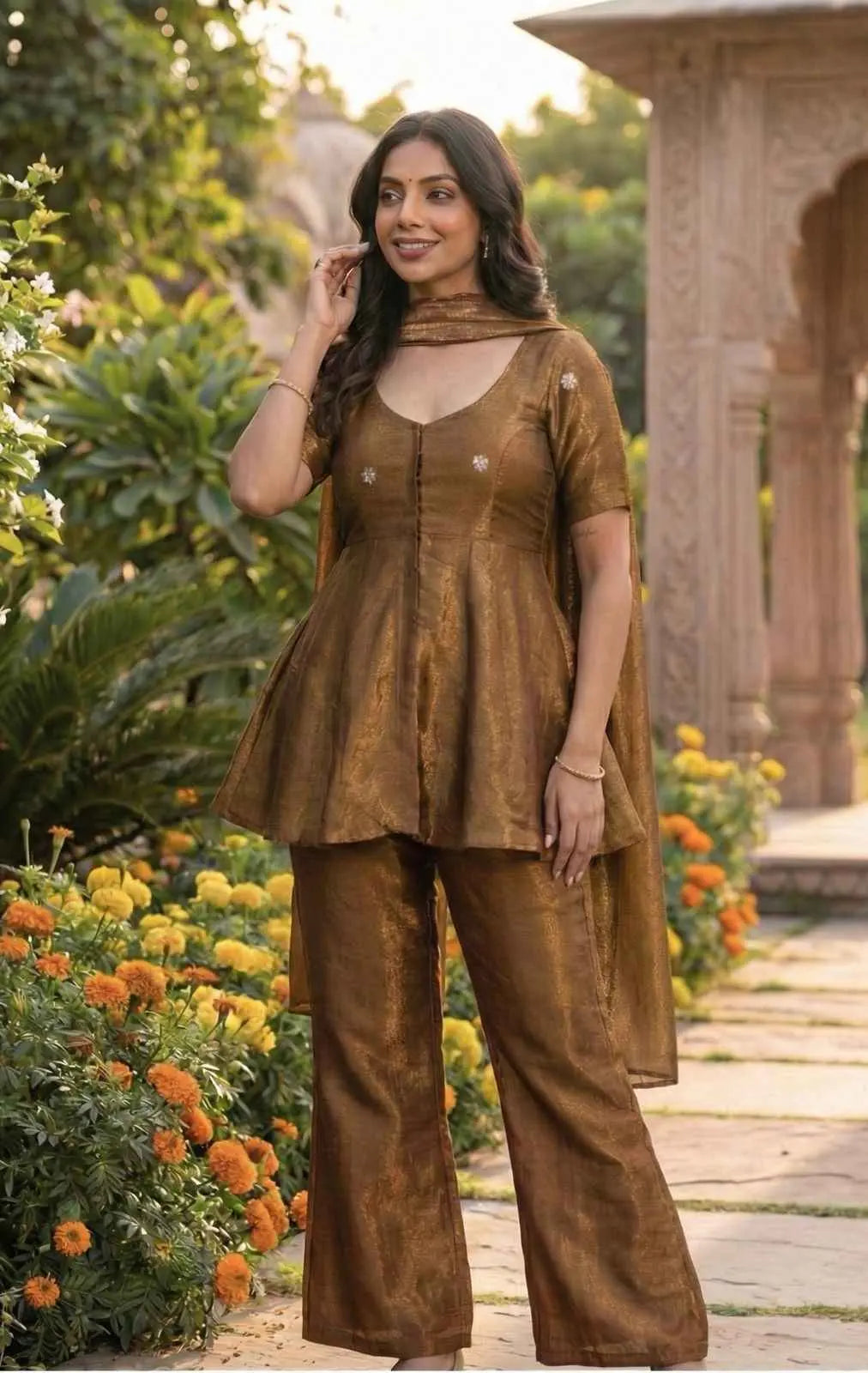 Bronze Glow Cosmos Tissue Peplum Co-Ord Set Ganpati