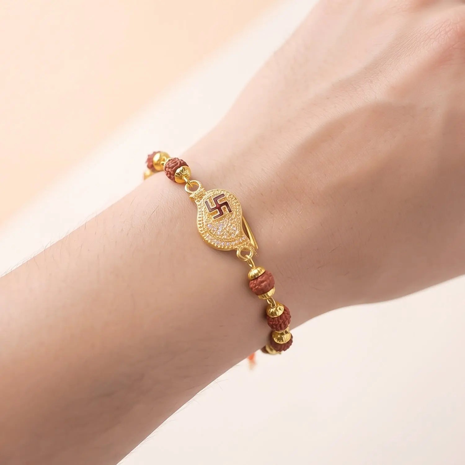 Swastik Rudraksha Bracelet Rakhi Cz Pendant Beaded Rakhi For Brother (1 Pc)