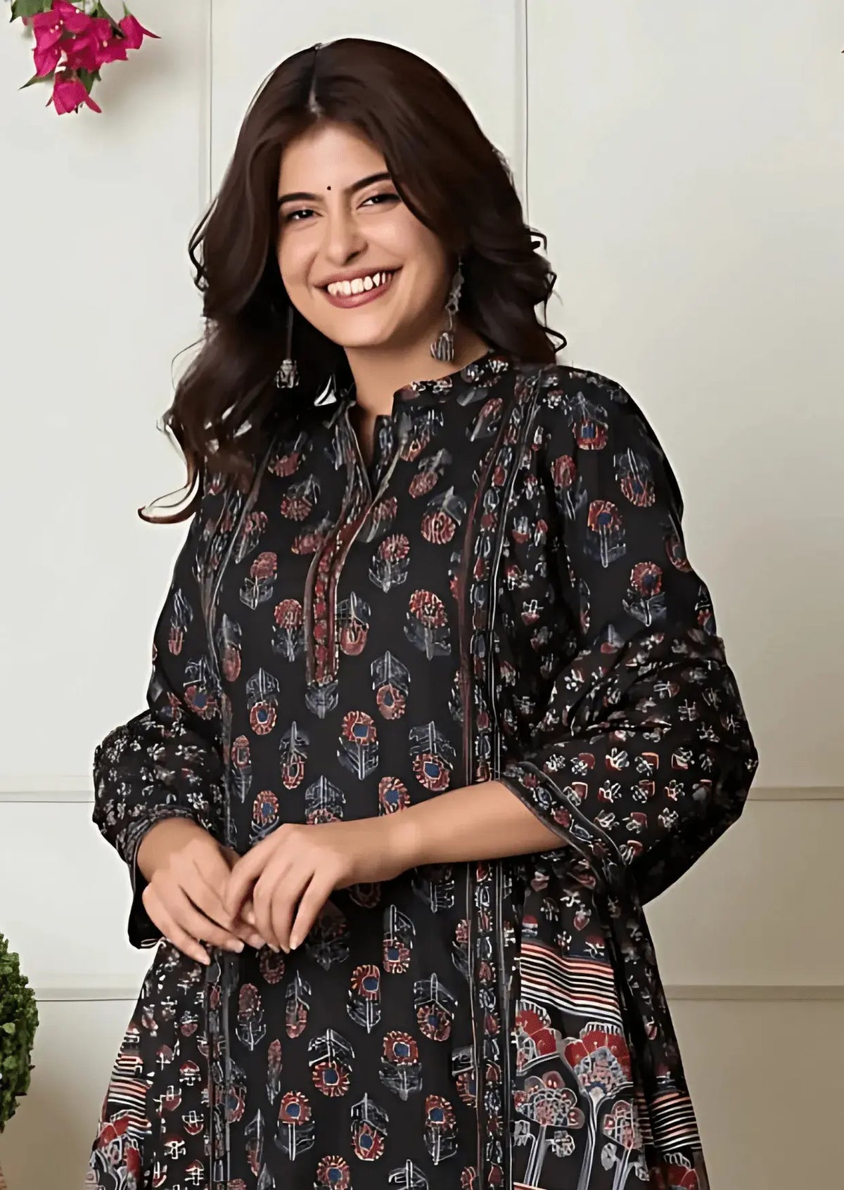 Black Ethnic Flair Printed Cotton Suit Set Yooneck