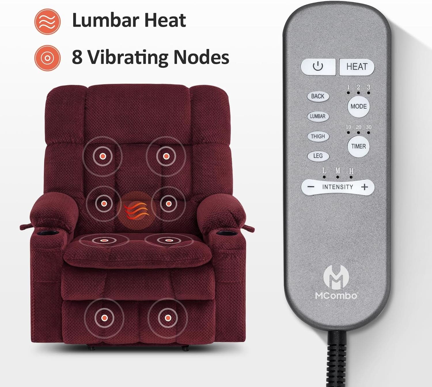 Large Burgundy Dual Motor Lift Recliner Chair With Massage And Heat-4