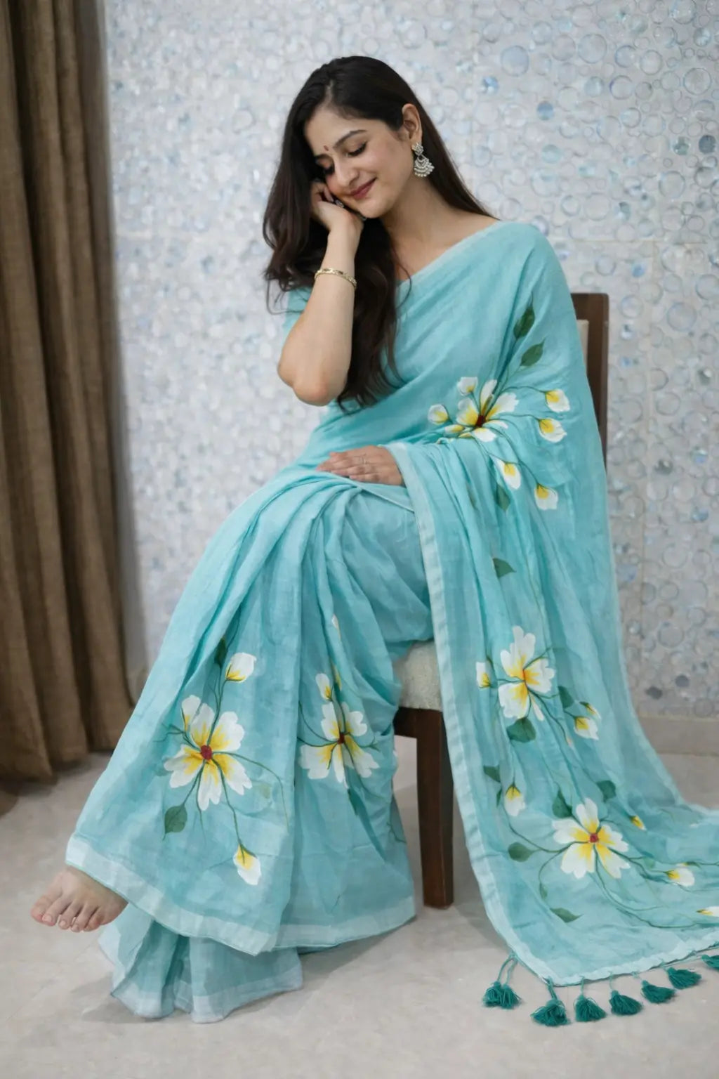 Aqua Bloom Premium Mull Cotton Handprint Saree Khan