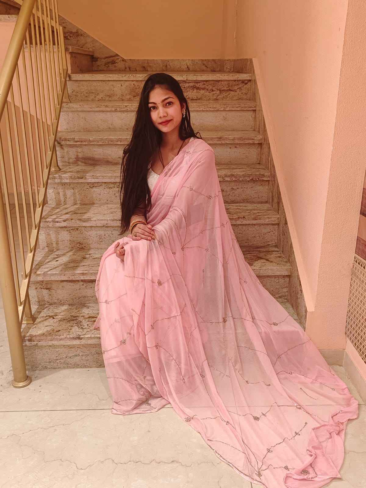 Pink Celestial Intricate Cut-Dana & Nug Work Designer Chiffon Saree Yooneck