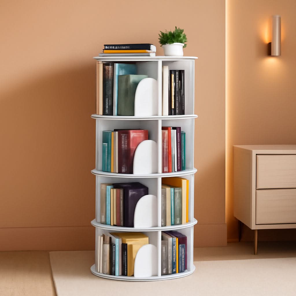 4 Tier Rotating Bookshelf Tower White Spinning Bookcase-0