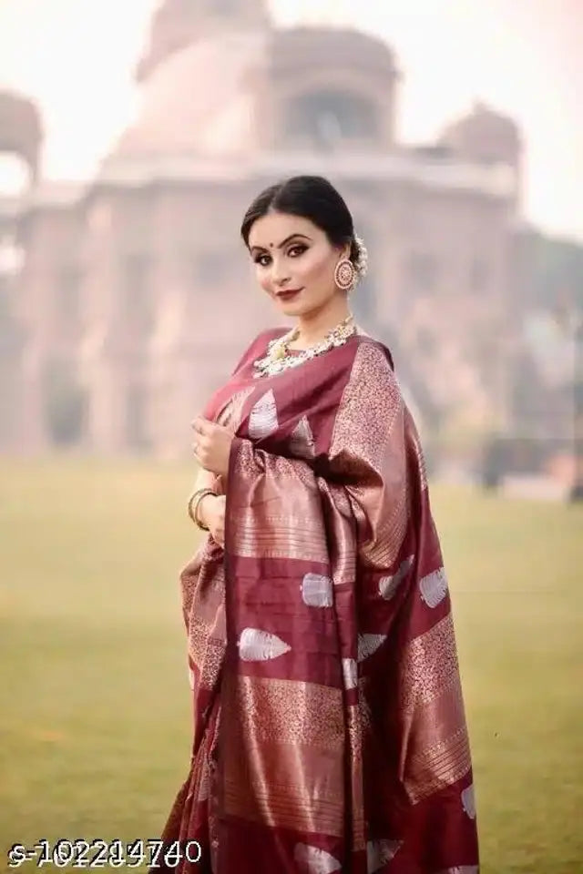 Art Silk Saree With Blouse For Women (Dark Red, 6.3M) 6706