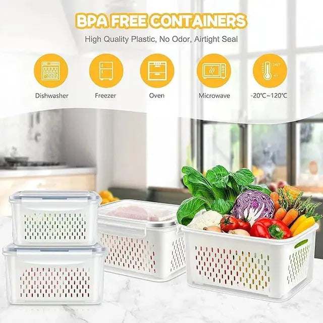 Refrigerator Storage Containers Boxes with Airtight Lid/Kitchen Fridge Organizers for Fruits & Vegetables Pack of 4 31154