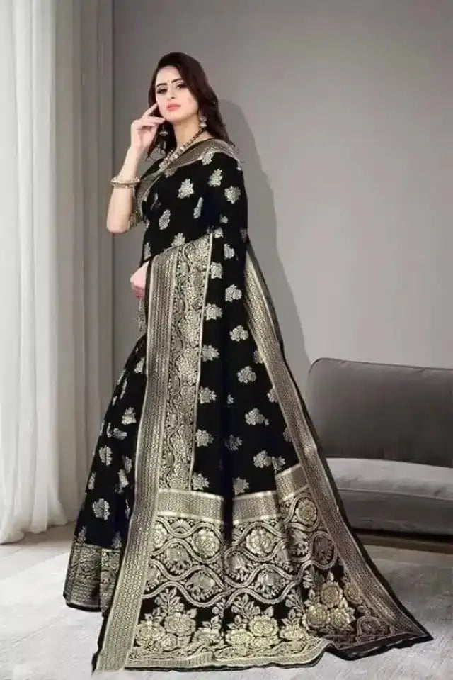 Jacquard Foil Printed Saree for Women (Black, 6.3 m) 6706