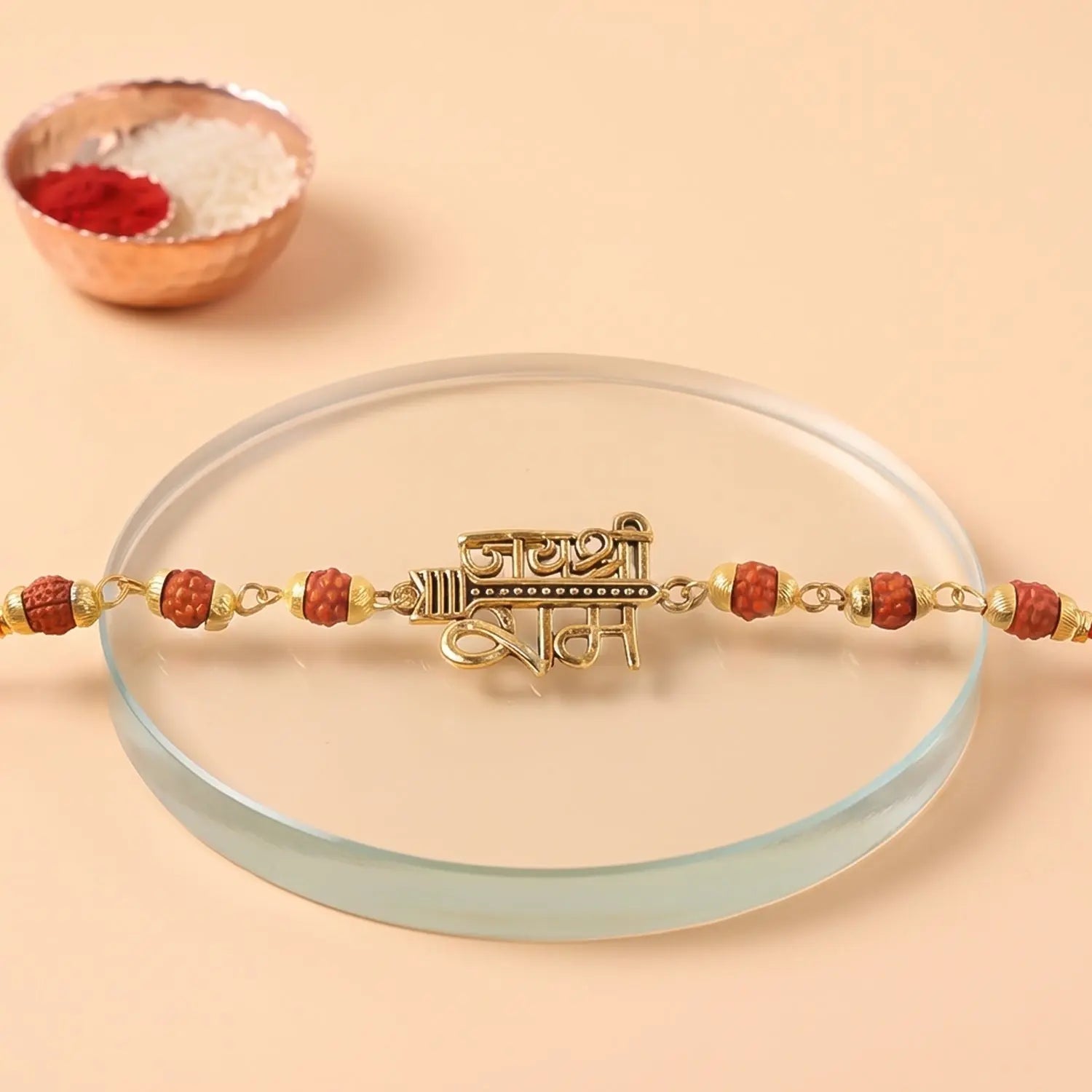 Jai Shree Ram Rudraksha Rakhi Golden Arrow Pendant Beaded Rakhi For Brother (1 Pc)