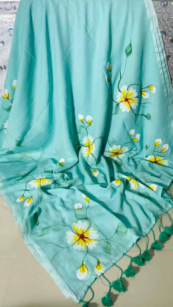 Aqua Bloom Premium Mull Cotton Handprint Saree Khan