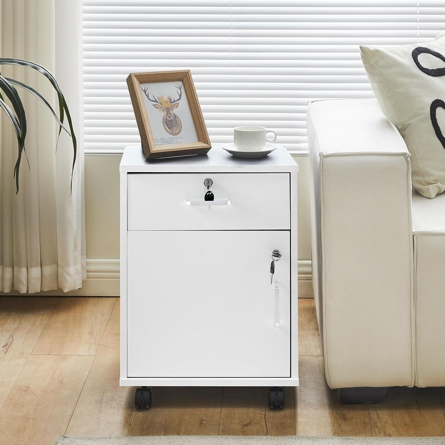 White Mobile File Cabinet With Lockable Drawer And Door-1