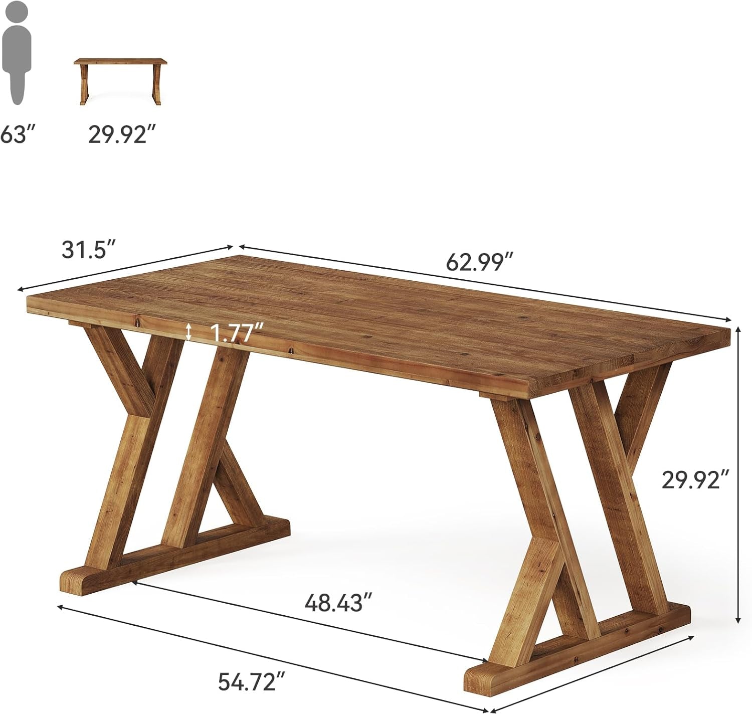 Solid Wood Rectangular Table 63 Inch Rustic Brown Finish-1
