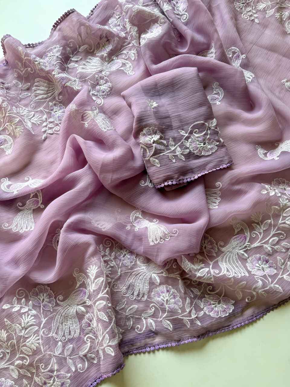 Lavender Noor Bird Embroidered Chiffon Saree Ganpati