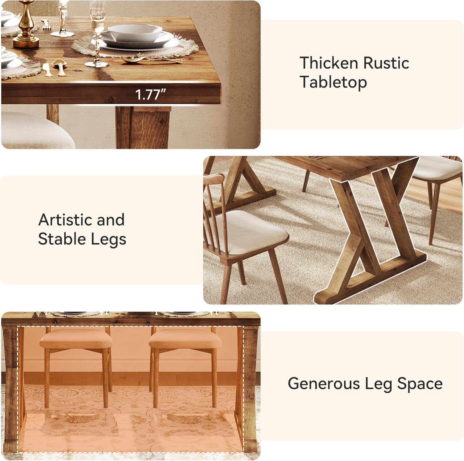Solid Wood Rectangular Table 63 Inch Rustic Brown Finish-4