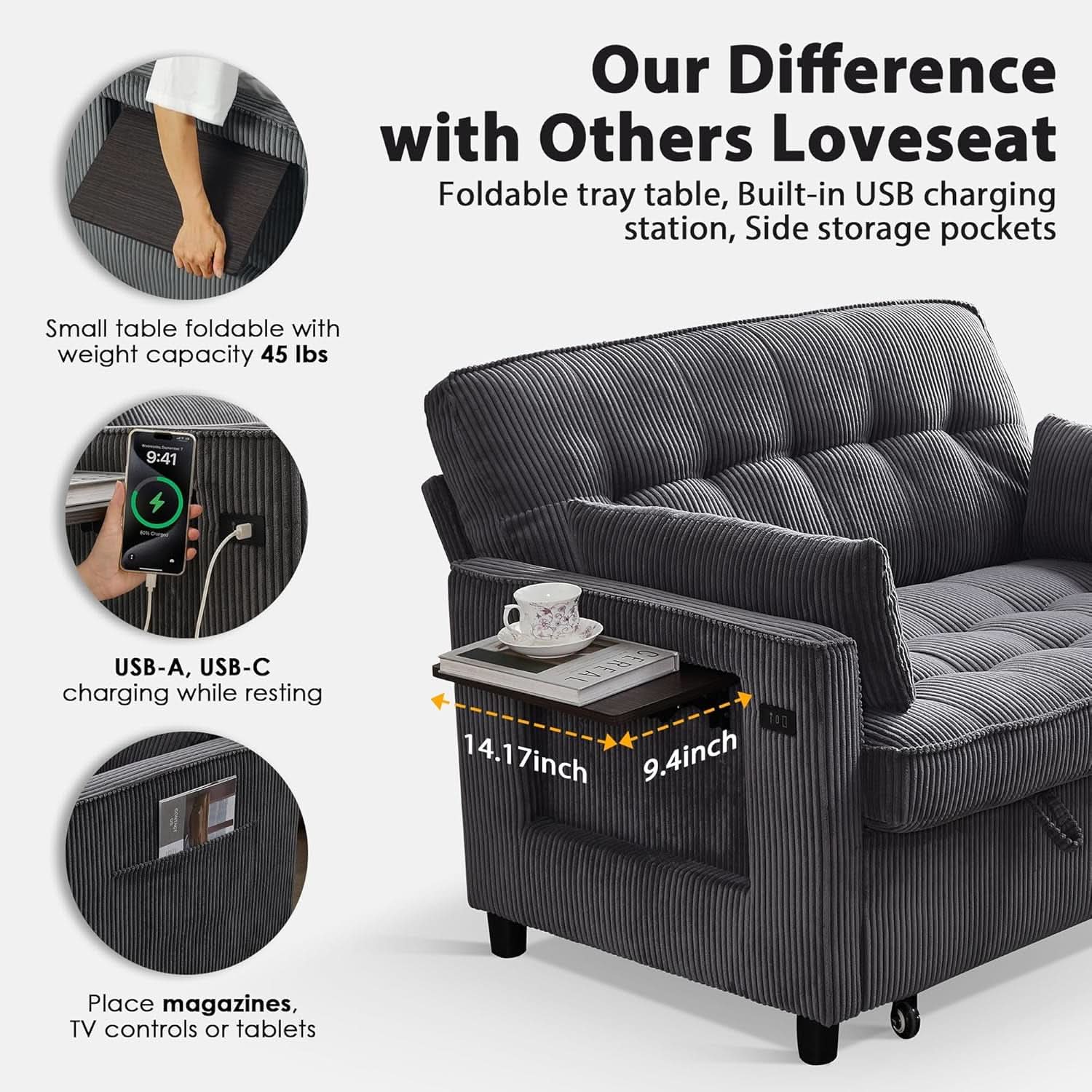 55Inch Convertible Sleeper Sofa With USBPort Corduroy-3