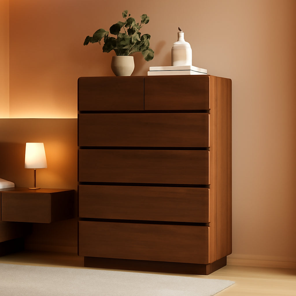 Walnut Six Drawer Dresser With Contemporary Profile-0