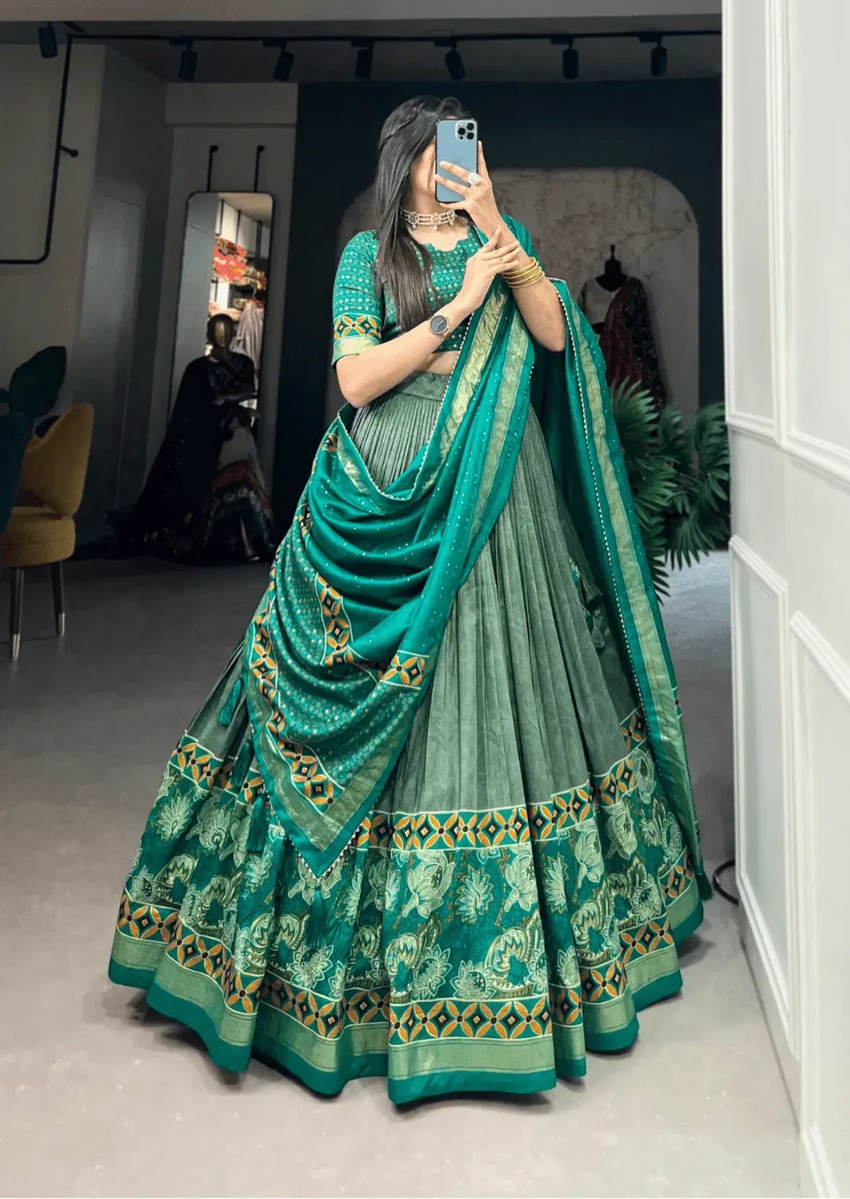 Emerald Foil Floral Tasar Silk Lehenga Set Yooneck